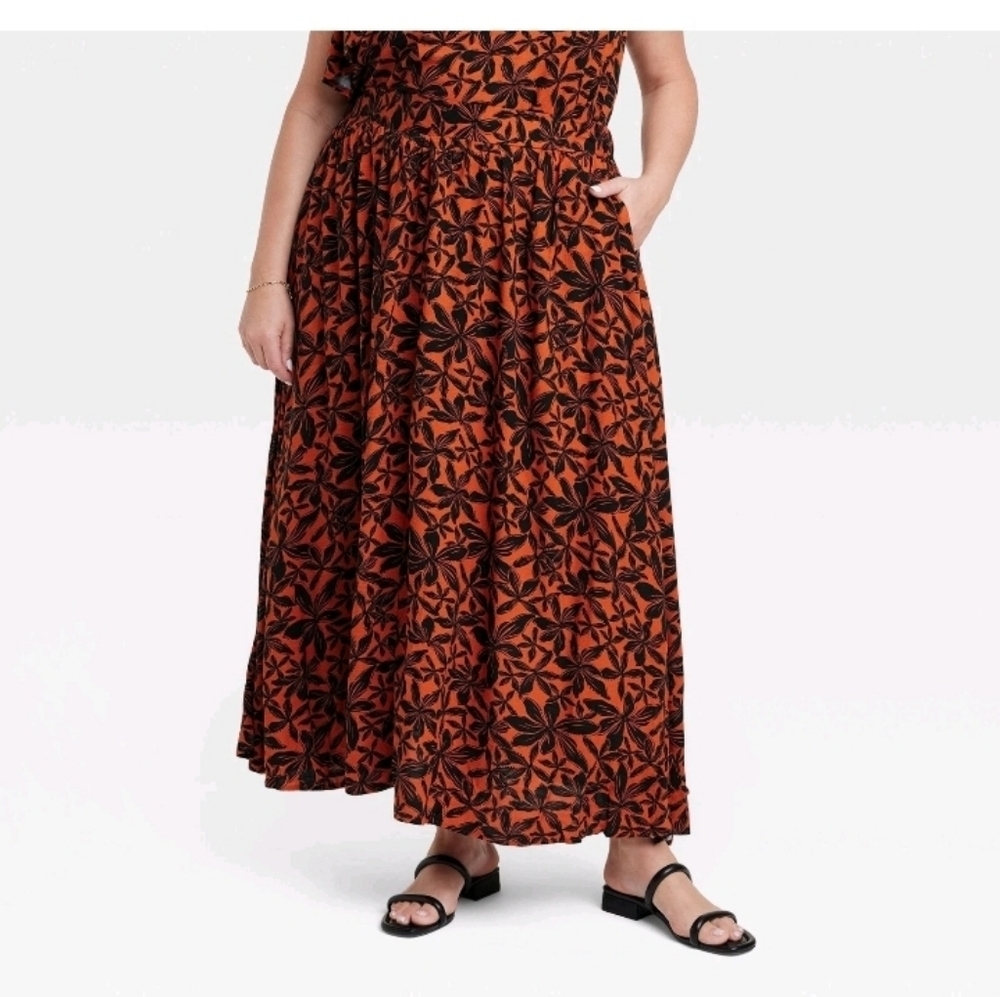 Ava & Viv Women's Maxi Skirt Rust Floral Length 400Size 1X Waist 20